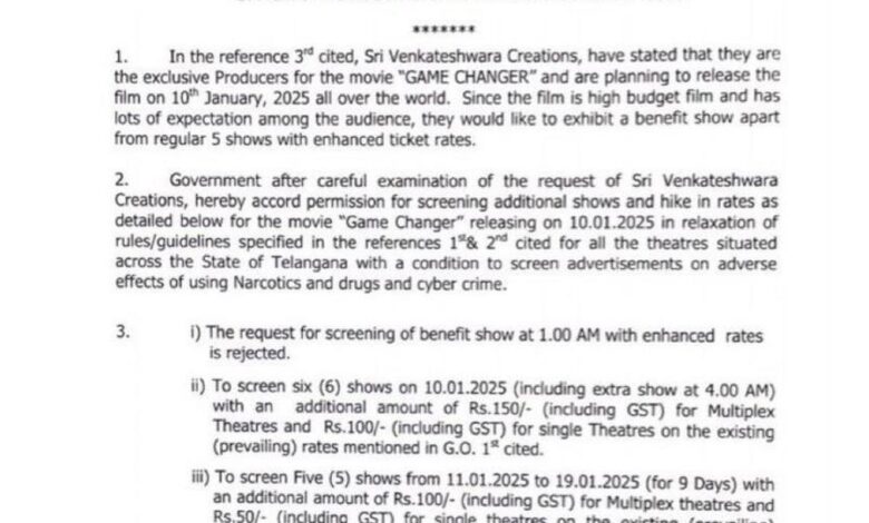 Telangana allows higher ticket prices for Game Changer movie, denies 1 a.m. benefit show with enhanced ticket rates